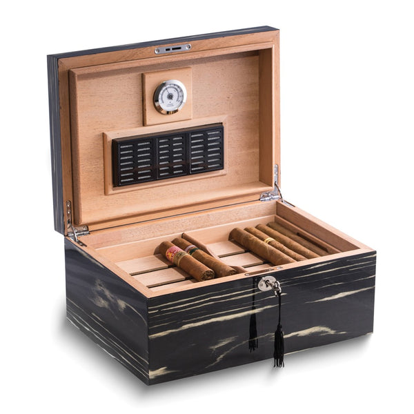 Lacquered Ebony Wood Finish 100-Cigar Humidor with Removable Tray, Spanish Cedar Lining, Hygrometer and Humidistat