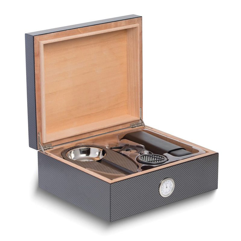 Carbon Fiber Design Wood 50-Cigar Humidor Gift Set with Spanish Cedar Lining, External Hygrometer and Humidistat - Includes Ashtray, 2-Cigar Leather Travel Case, and Cigar Cutter