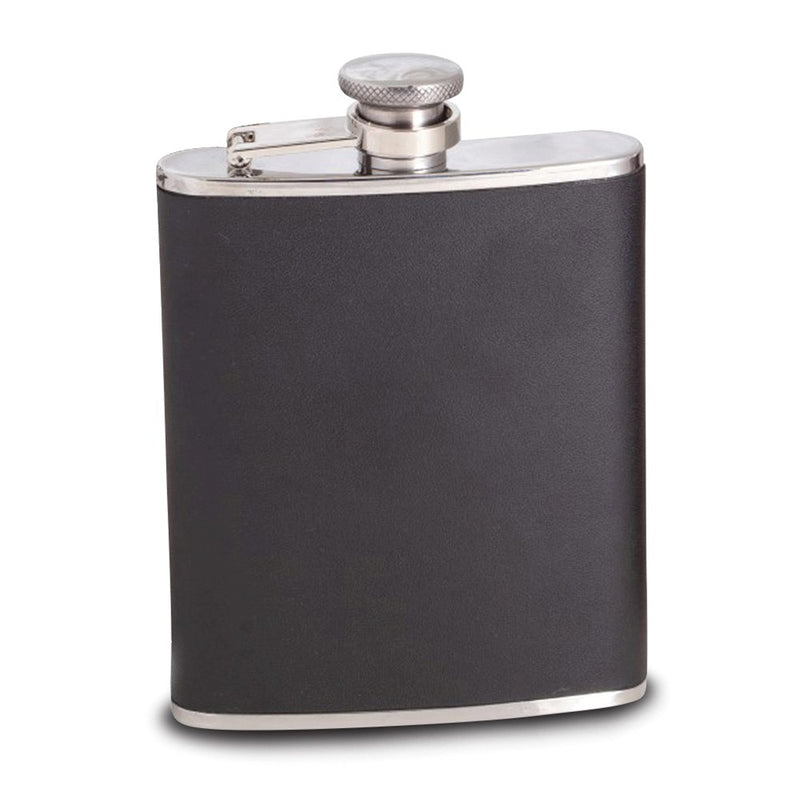 6 ounce Stainless Steel Black Genuine Leather Flask