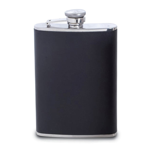 8 ounce Stainless Steel Black Genuine Leather Covered Flask