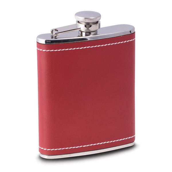 6 ounce Stainless Steel Red Genuine Leather and White Stitch Flask