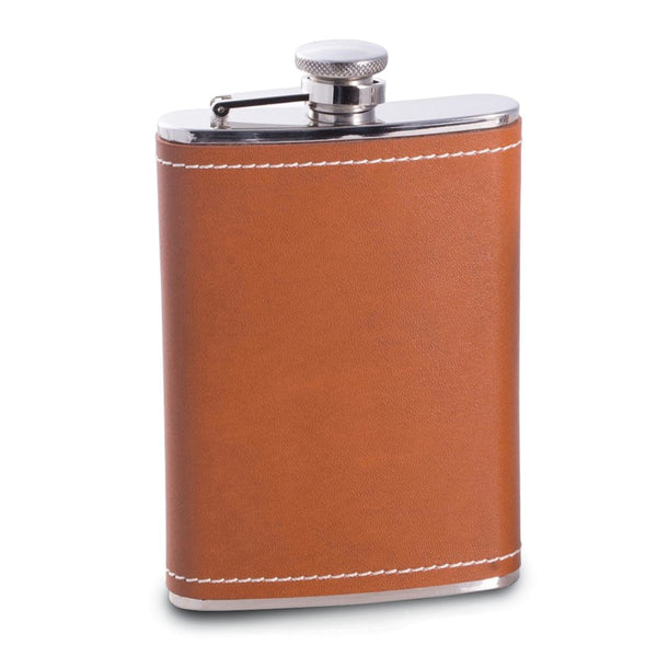 8 ounce Stainless Steel Saddle Brown Genuine Leather and White Stitch Flask