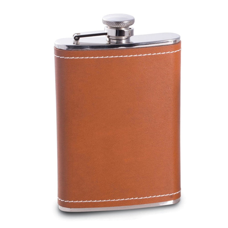 8 ounce Stainless Steel Saddle Brown Genuine Leather and White Stitch Flask