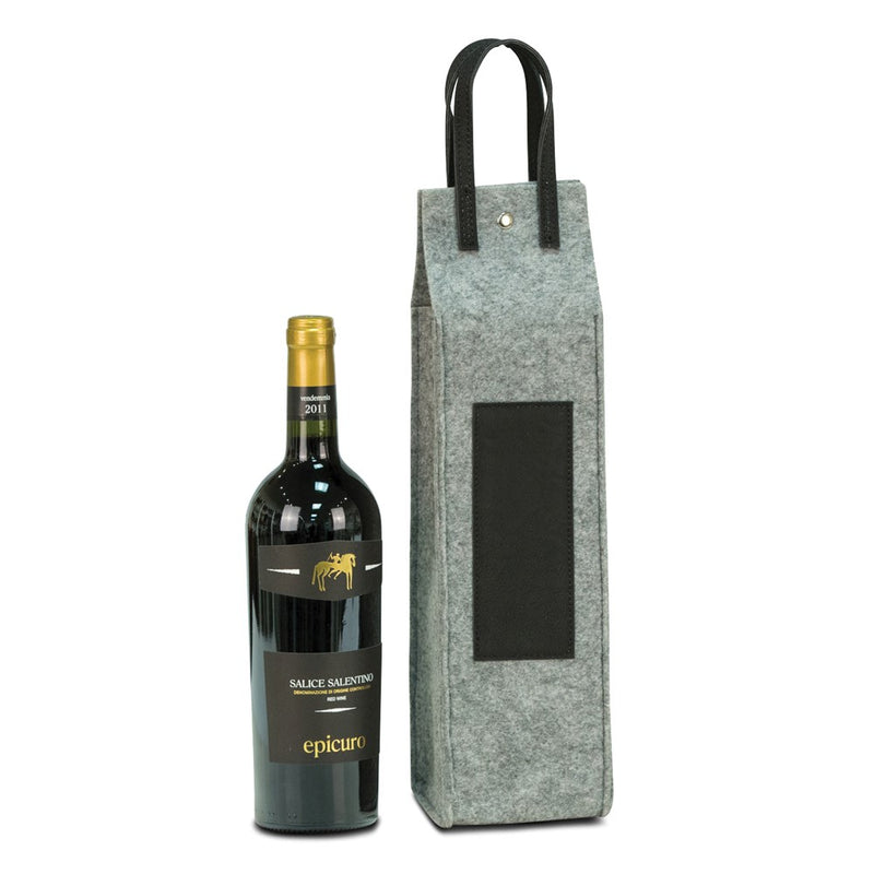 Grey Felt with Black Leather Trim Wine Tote with Snap Closure