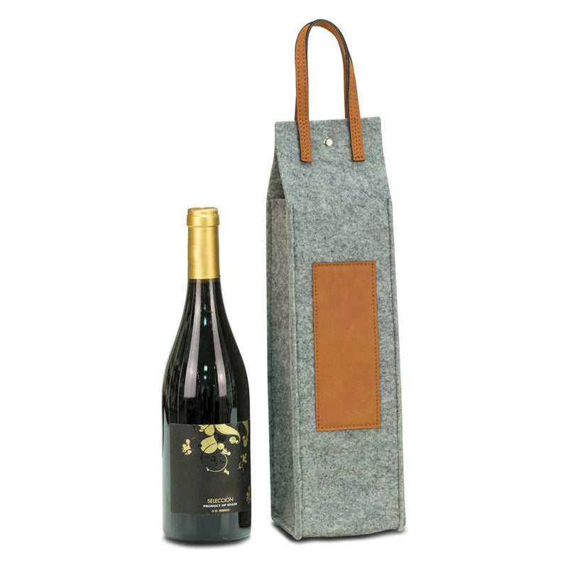 Grey Felt with Brown Leather Trim Wine Tote with Snap Closure