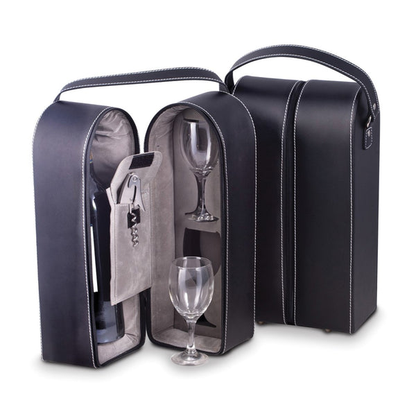 Black Leather Wine Caddy with Two Glasses and Bar Tool