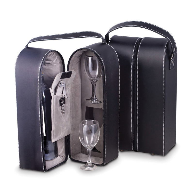 Black Leather Wine Caddy with Two Glasses and Bar Tool