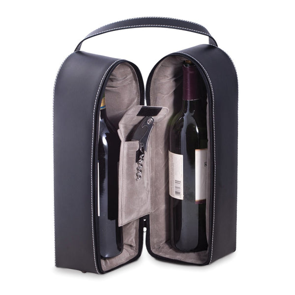 Black Leather Wine Caddy for Two Bottles with Bar Tool