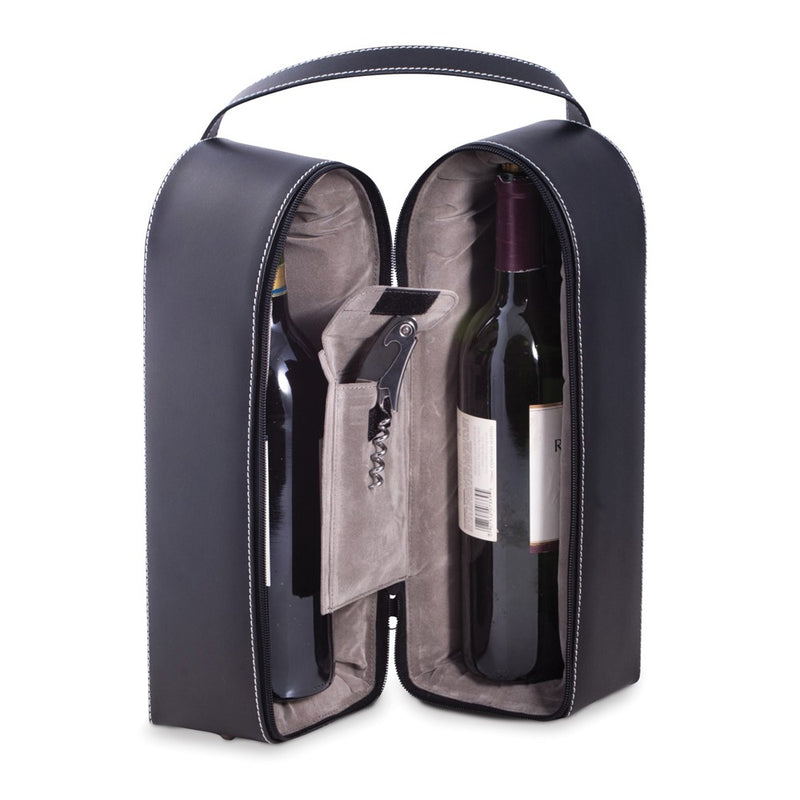 Black Leather Wine Caddy for Two Bottles with Bar Tool