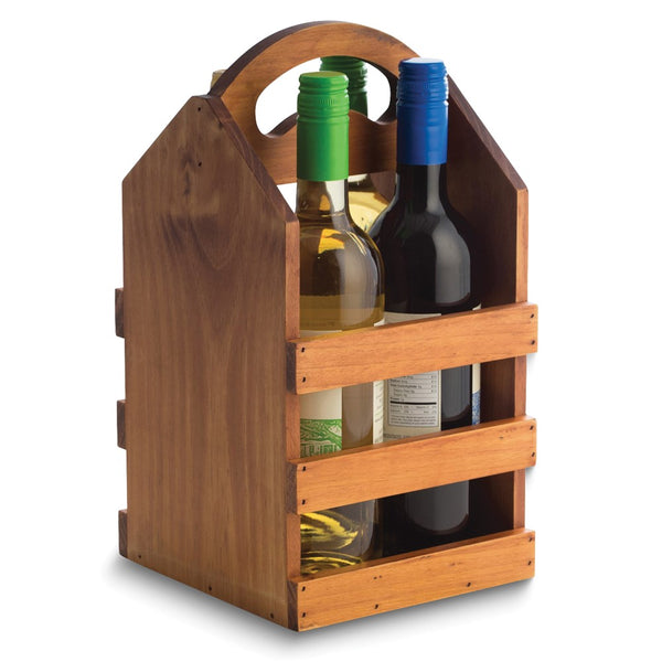 Wood Four Bottle Caddy with Curved Built-in Handle