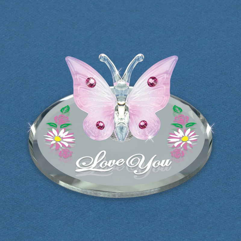 LOVE YOU Pink Butterfly with Crystals Handcrafted Glass Figurine