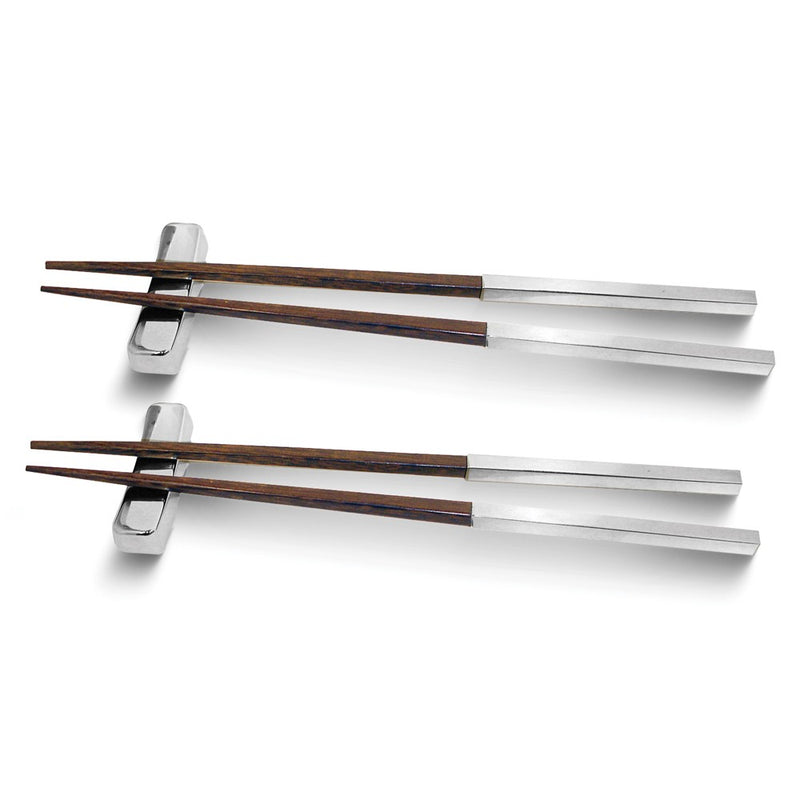 2 Pairs Silver-tone and Wooden Chopsticks With Rests