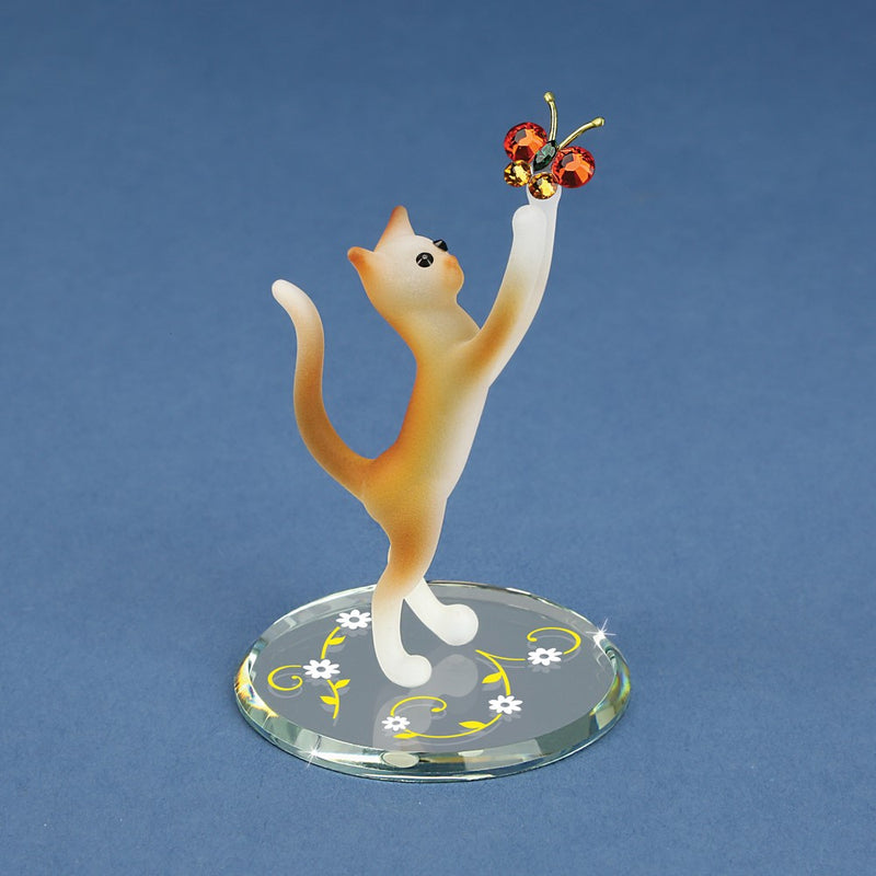 Tabby Cat and Butterfly Handcrafted Glass Figurine