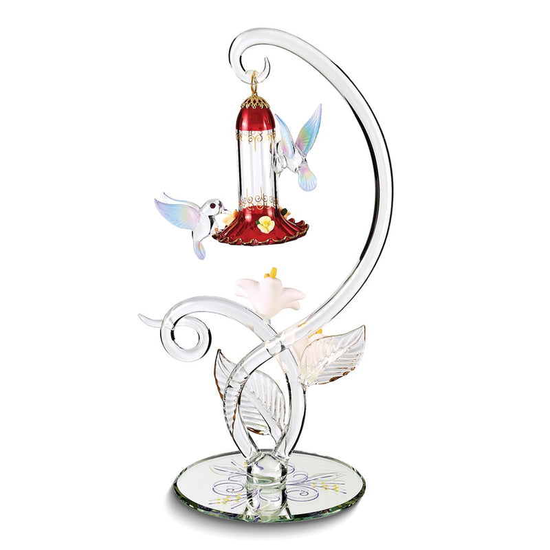 Hummingbirds with Sweet Feeder and Pink Flowers Handcrafted Glass Figurine
