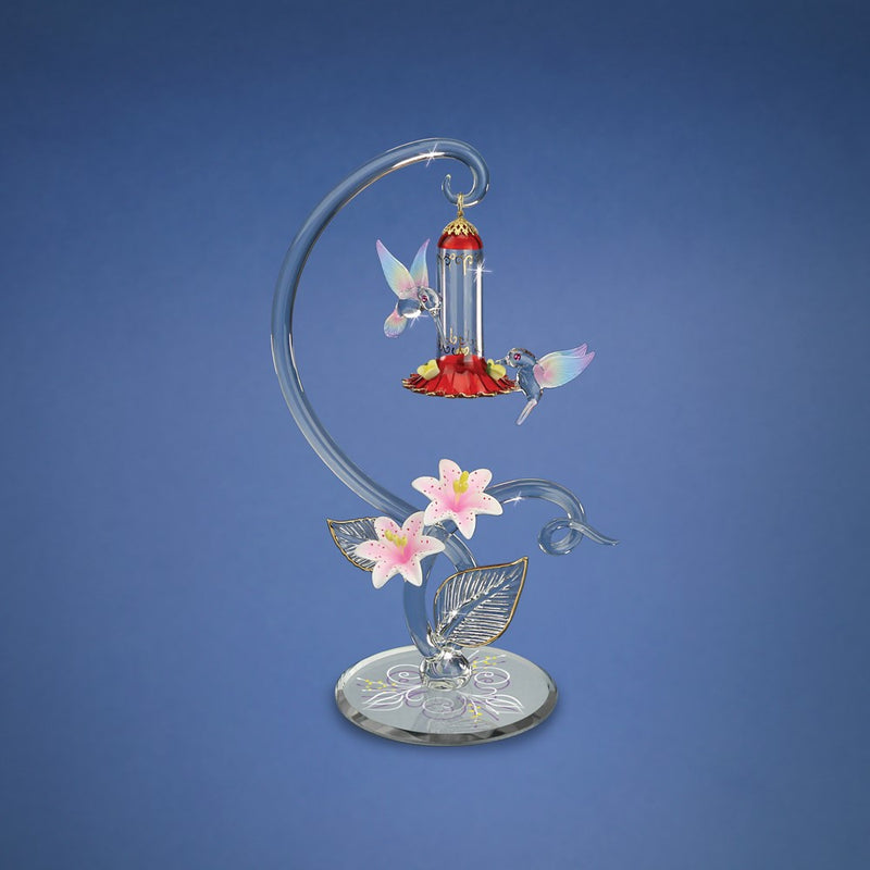 Hummingbirds with Sweet Feeder and Pink Flowers Handcrafted Glass Figurine