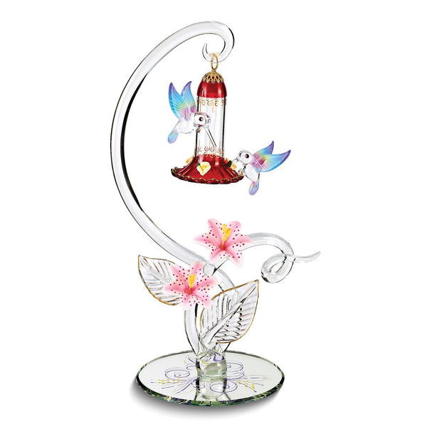 Hummingbirds with Sweet Feeder and Pink Flowers Handcrafted Glass Figurine