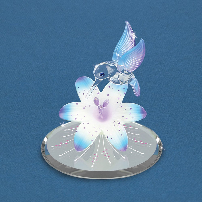 Blue Hummingbird and Blue Lily with Base Handcrafted Glass Figurine