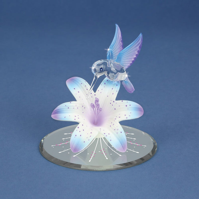 Blue and Purple Hummingbird and Lily with Base Handcrafted Glass Figurine