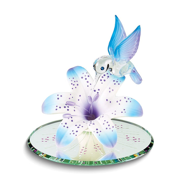 Blue and Purple Hummingbird and Lily with Base Handcrafted Glass Figurine