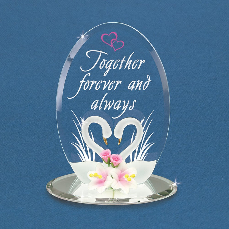 TOGETHER FOREVER AND ALWAYS Swan Pair with Flowers Handcrafted Glass Figurine