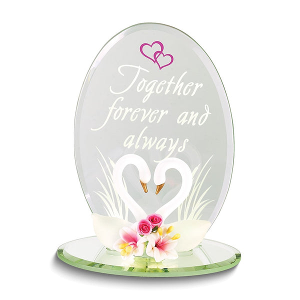 TOGETHER FOREVER AND ALWAYS Swan Pair with Flowers Handcrafted Glass Figurine