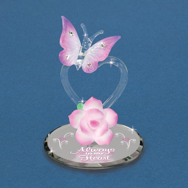 ALWAYS IN MY HEART Butterfly and Pink Rose Handcrafted Glass Figurine