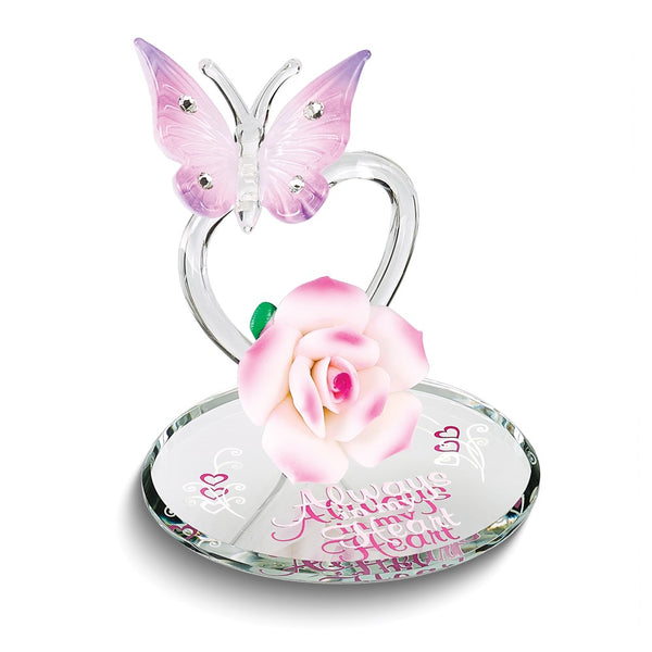 ALWAYS IN MY HEART Butterfly and Pink Rose Handcrafted Glass Figurine