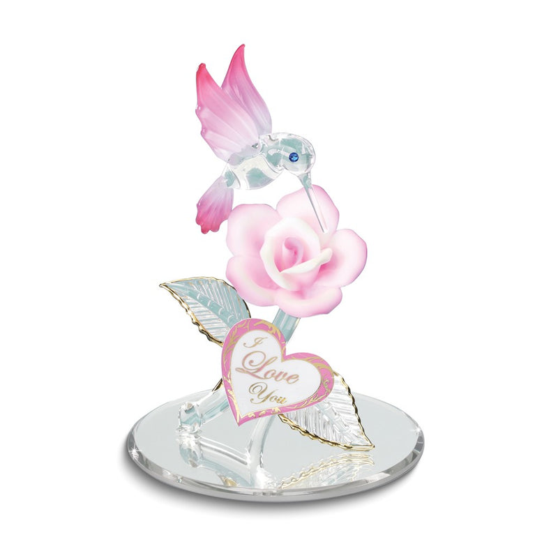 I LOVE YOU Pink Hummingbird and Rose Handcrafted Glass Figurine