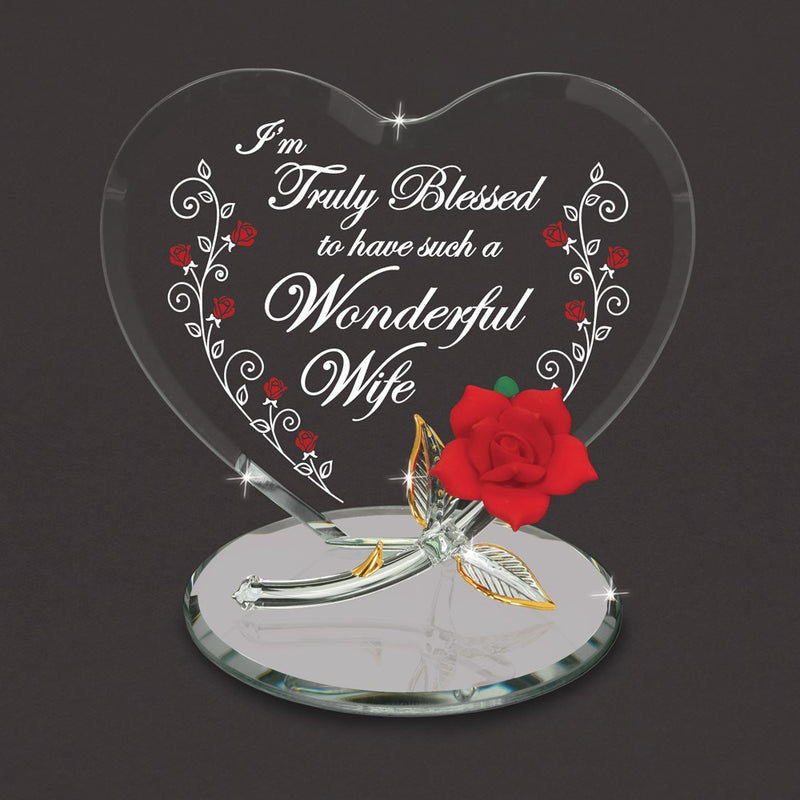 TRULY BLESSED.WONDERFUL WIFE Red Rose Handcrafted Glass Figurine