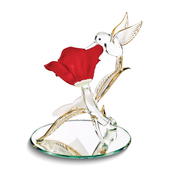 I LOVE YOU Hummingbird and Red Rose Handcrafted Glass Figurine with 22k Gold Trim
