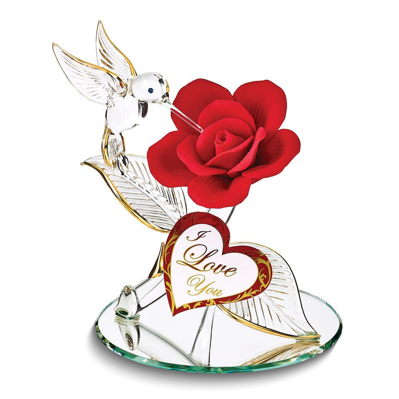 I LOVE YOU Hummingbird and Red Rose Handcrafted Glass Figurine with 22k Gold Trim