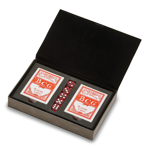Grey Leatherette 5 Dice and 2 Card Deck Set