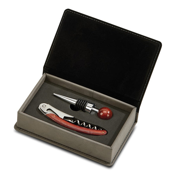 Stainless Steel and Wood Bottle Stopper and Bartender's Tool Set in Grey Leatherette Gift Box
