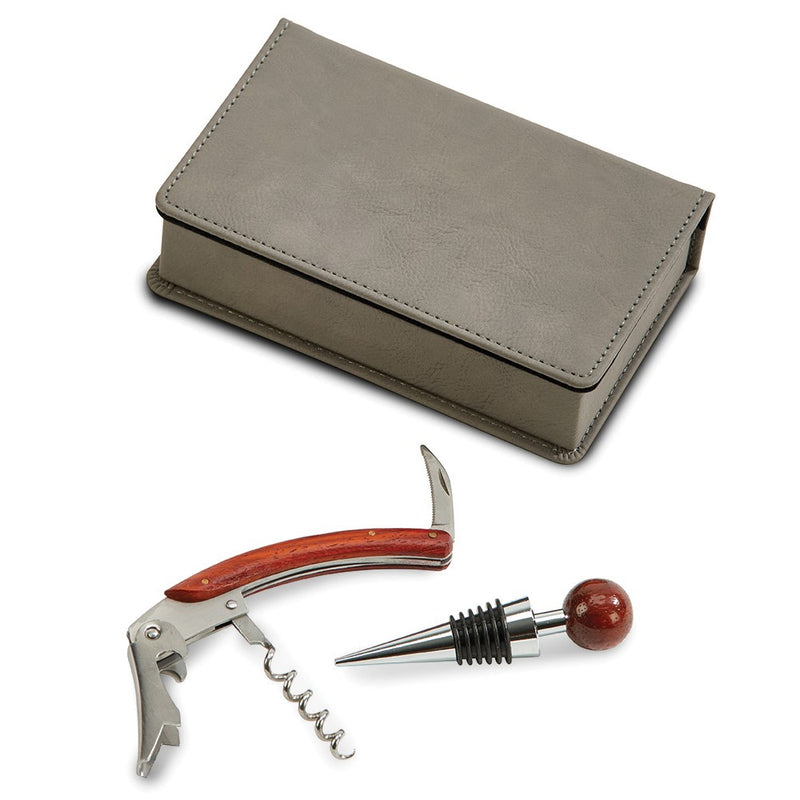 Stainless Steel and Wood Bottle Stopper and Bartender's Tool Set in Grey Leatherette Gift Box