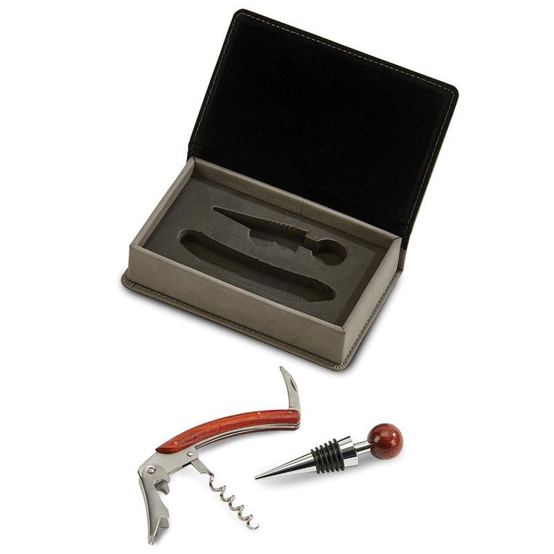Stainless Steel and Wood Bottle Stopper and Bartender's Tool Set in Grey Leatherette Gift Box