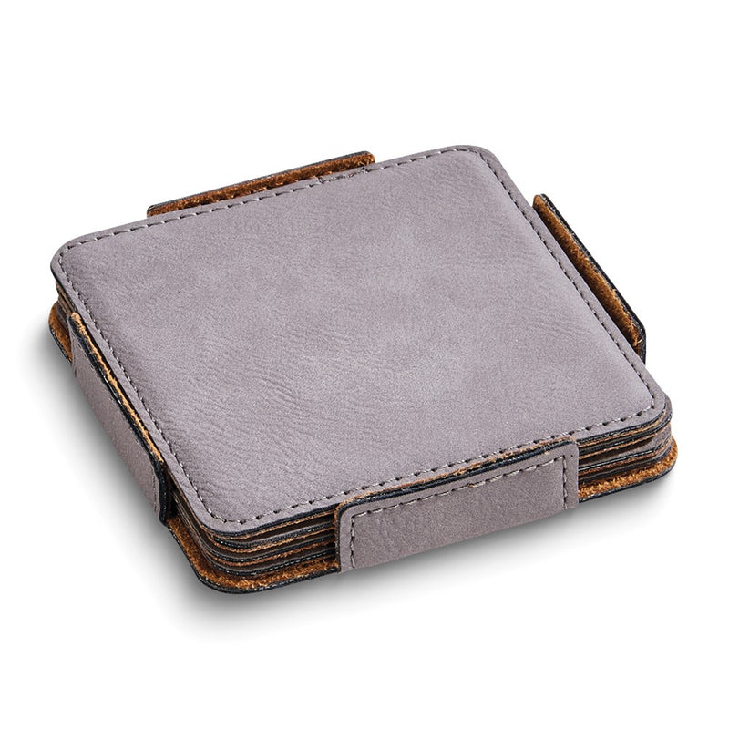 Grey Leatherette Set of 4 Coasters with Holder