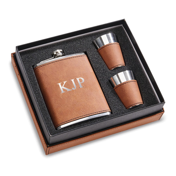 Caramel Leatherette Covered 8 ounce Stainless Steel Flask with 2 Shot Glasses Gift Set