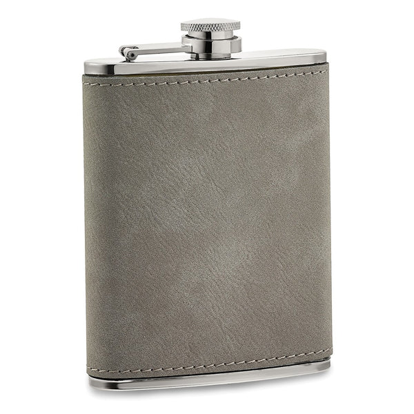Grey Leatherette Covered 8 ounce Stainless Steel Flask with 2 Shot Glasses Gift Set
