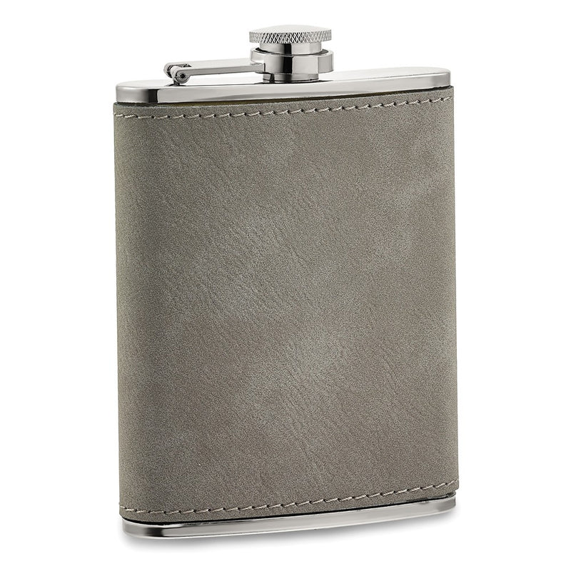 Grey Leatherette Covered 8 ounce Stainless Steel Flask with 2 Shot Glasses Gift Set