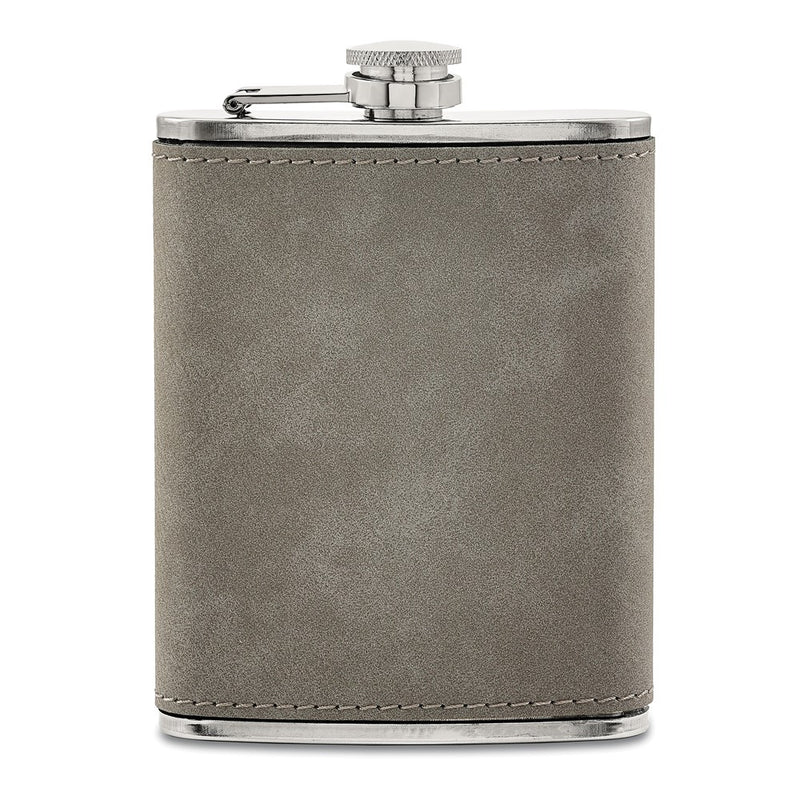Grey Leatherette Covered 8 ounce Stainless Steel Flask with 2 Shot Glasses Gift Set