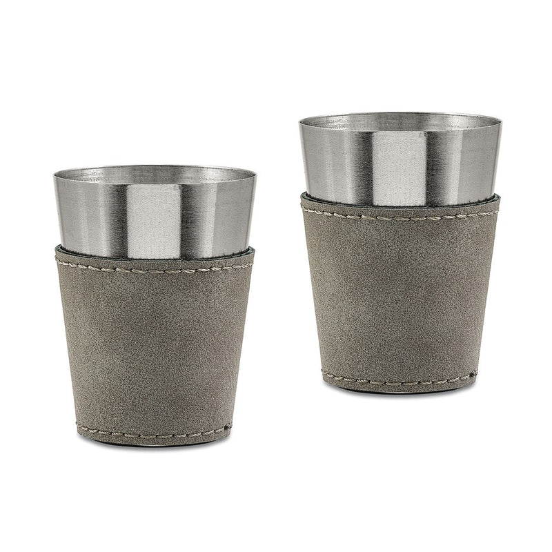 Grey Leatherette Covered 8 ounce Stainless Steel Flask with 2 Shot Glasses Gift Set