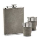 Grey Leatherette Covered 8 ounce Stainless Steel Flask with 2 Shot Glasses Gift Set