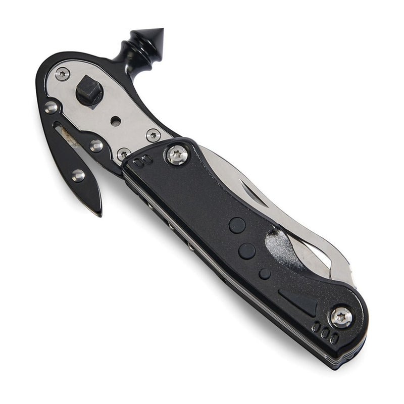 Black Glass Breaker/Seat Belt Cutter/Ratchet Driver with 3 Bits/Knife/Saw/Bottle Opener/Wrench and LED Light Multi-Tool