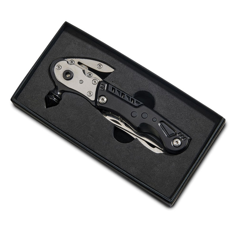 Black Glass Breaker/Seat Belt Cutter/Ratchet Driver with 3 Bits/Knife/Saw/Bottle Opener/Wrench and LED Light Multi-Tool