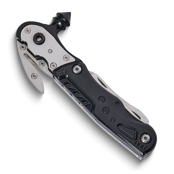 Black Glass Breaker/Seat Belt Cutter/Ratchet Driver with 3 Bits/Knife/Saw/Bottle Opener/Wrench and LED Light Multi-Tool