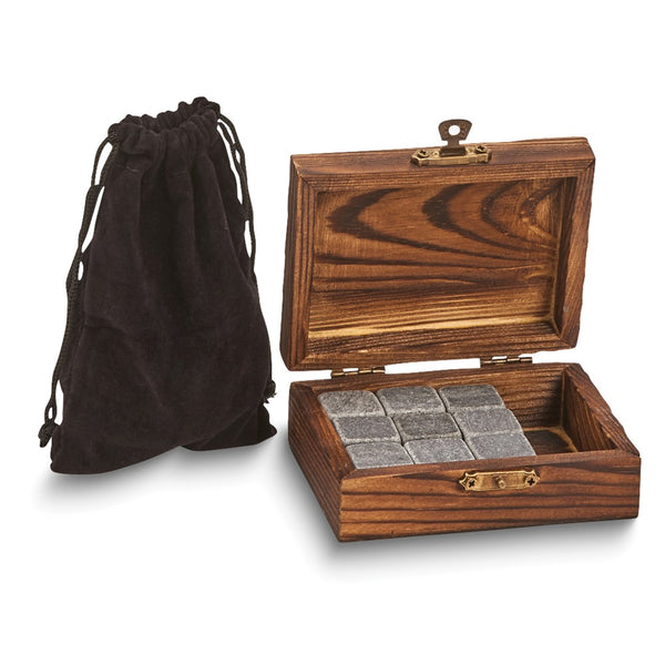 Wood Box with 9 Reusable Basalt Whiskey Stones and Pouch