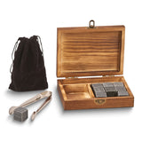 Wood Box with Tongs, 9 Reusable Basalt Whiskey Stones and Pouch