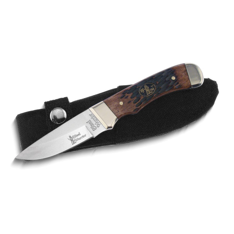 Steel Warrior Coon Hunter Autumn Wood Handle 440 Steel Blade Knife with Sheath