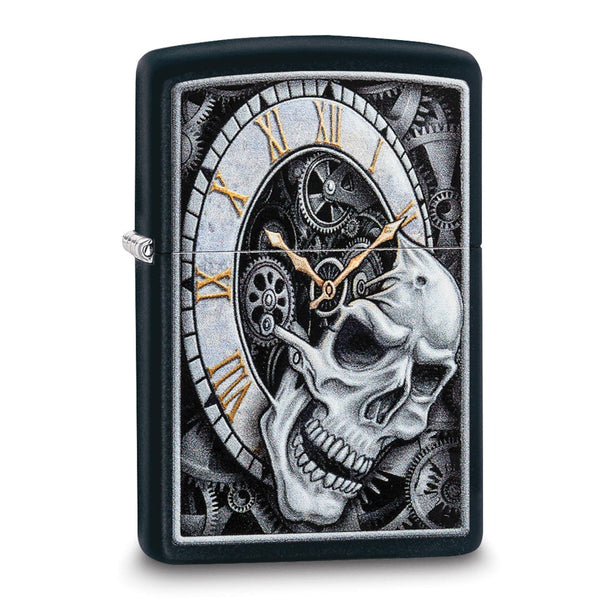 Zippo Black Matte Skull and Clock Design Lighter