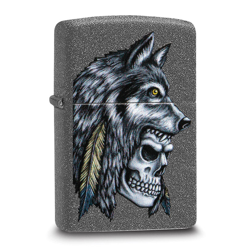 Zippo Iron Stone Wolf with Feather and Skull Lighter